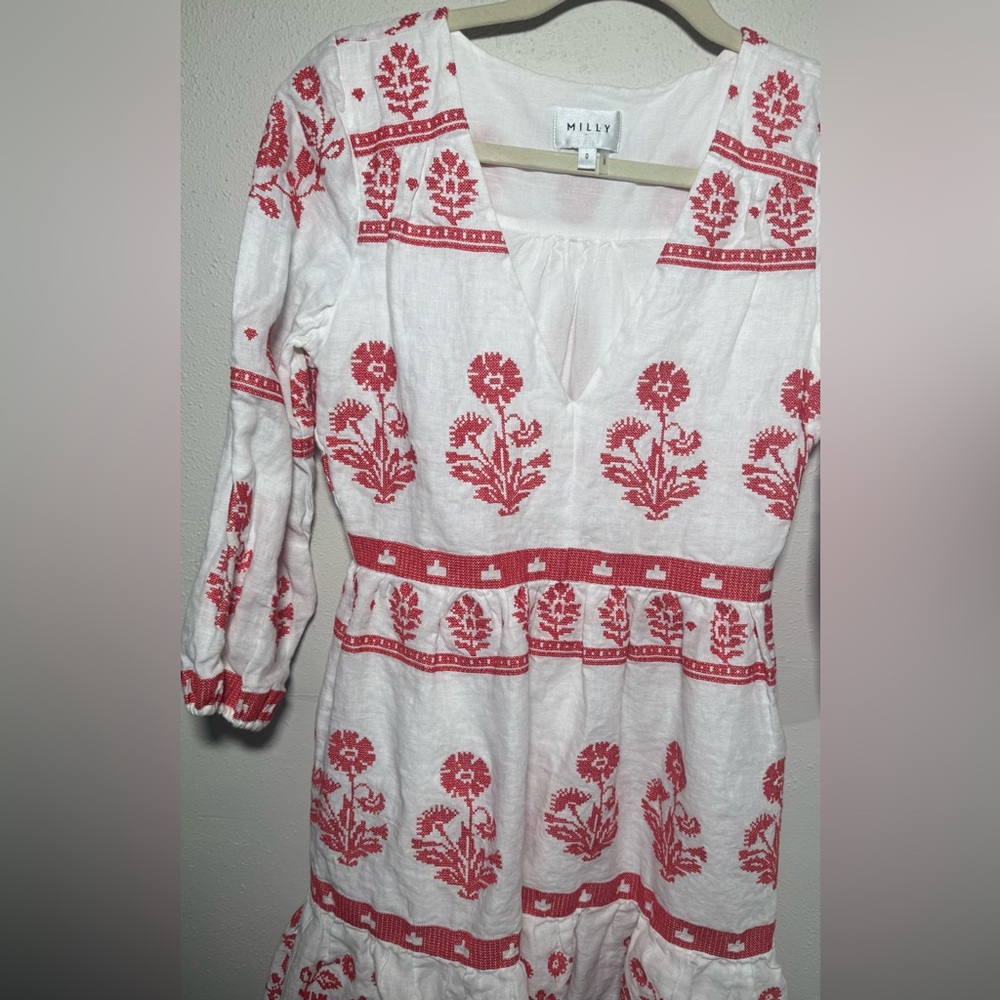 Milly Debbie Cross Stitch Embroidery Floral Linen Mini  Dress Size 0 - Picture 4 of 8